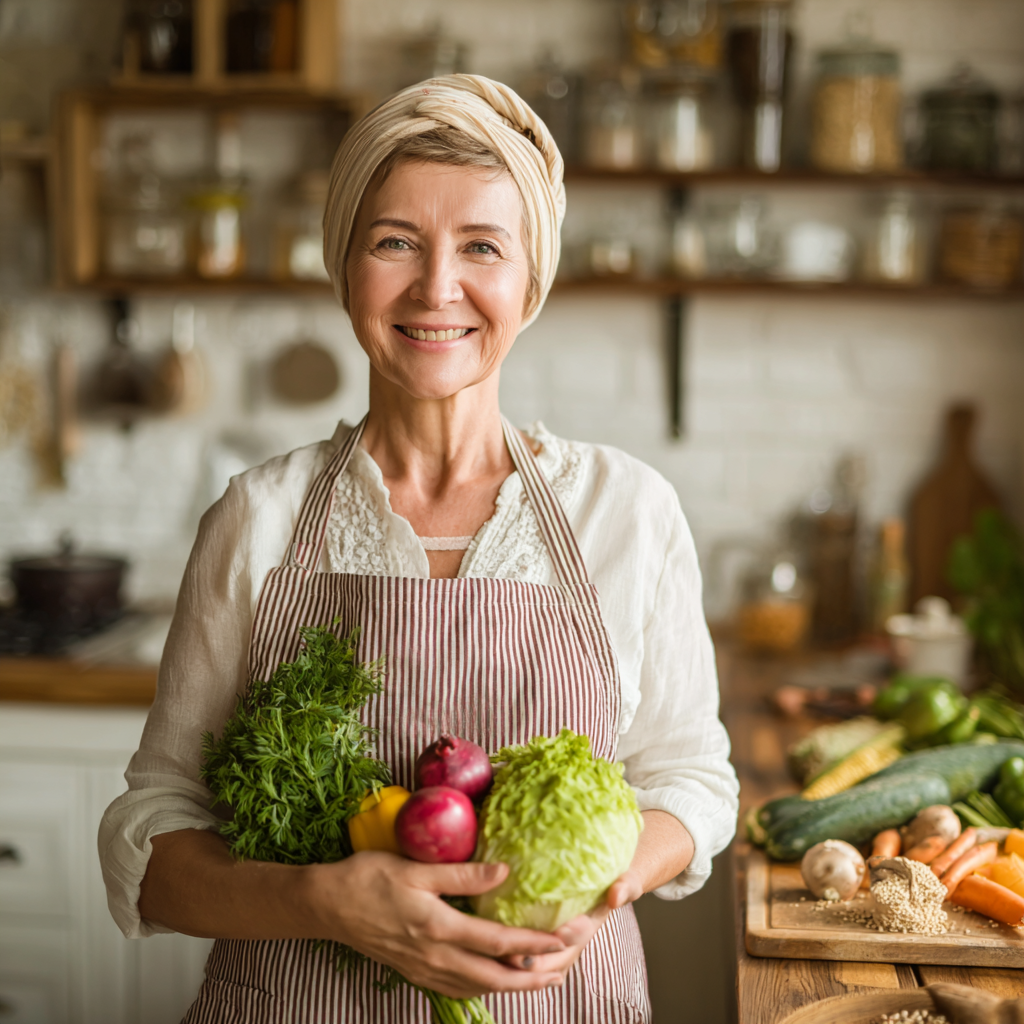 Happy Ukrainian family preparing healthy meal together in modern kitchen, smiling while chopping vegetables and grains